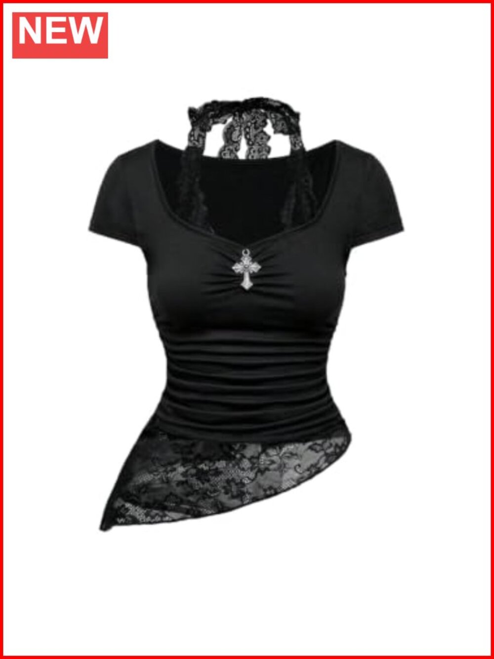Gothic Lace Halter Top Ruched Asymmetrical Hem Stretchy
